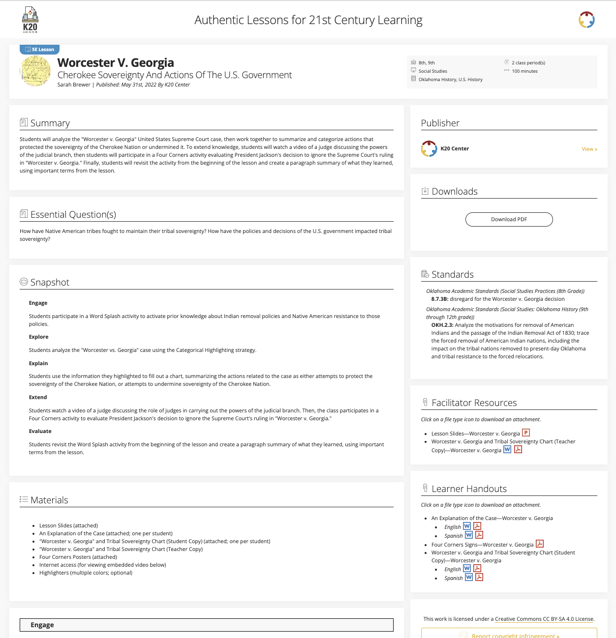 Worcester v. Georgia: Cherokee Sovereignty and Actions of the U.S. Government Lesson Plan