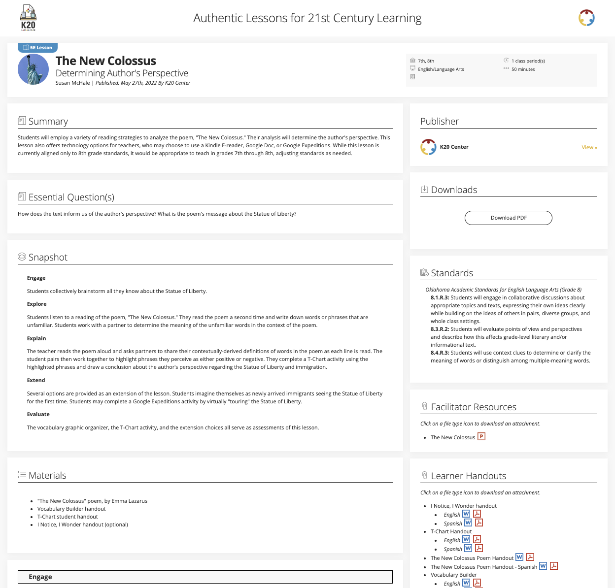 The New Colossus: Determining Author's Perspective Lesson Plan