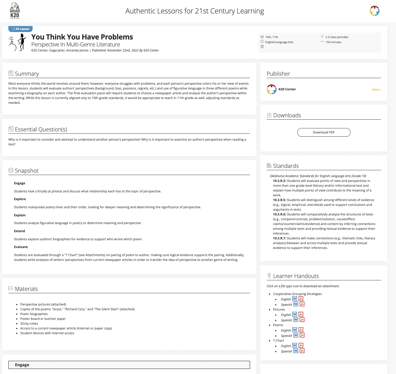 You Think You Have Problems: Perspective in Multi-Genre Literature Lesson Plan