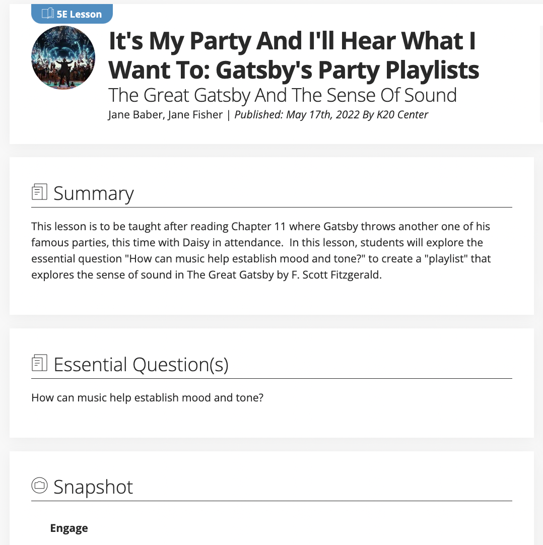 It’s My Party and I’ll Hear What I Want To: Gatsby’s Party Playlists, The Great Gatsby and the Sense of Sound Lesson Plan
