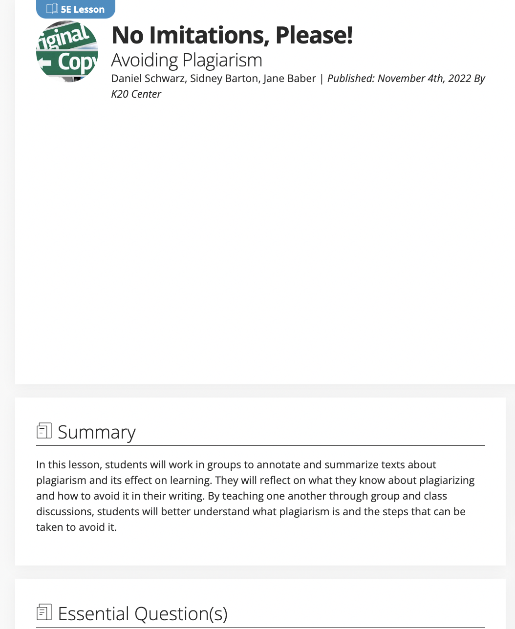 No Imitations, Please! Avoiding Plagiarism Lesson Plan