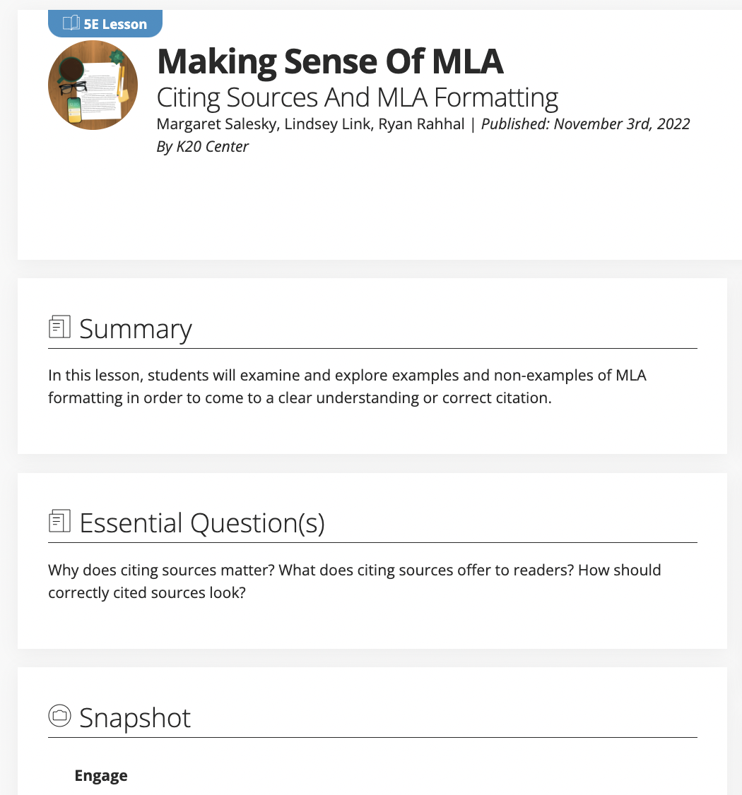 Making Sense of MLA: Citing Sources and MLA Formatting Lesson Plan