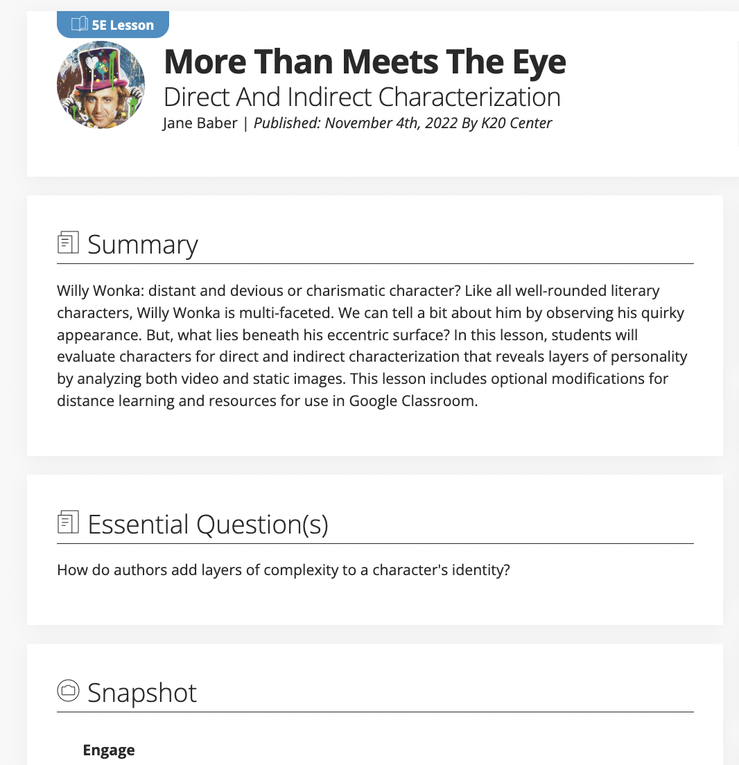 More than Meets the Eye: Direct and Indirect Characterization Lesson Plan