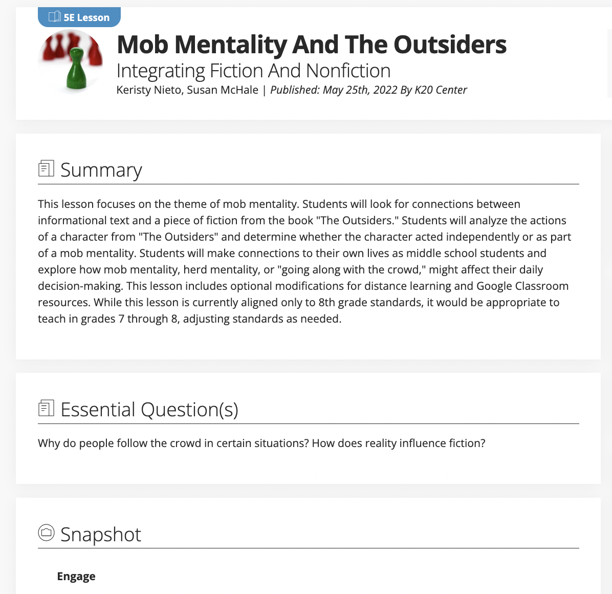 Mob Mentality and "The Outsiders": Integrating Fiction and Nonfiction Lesson Plan