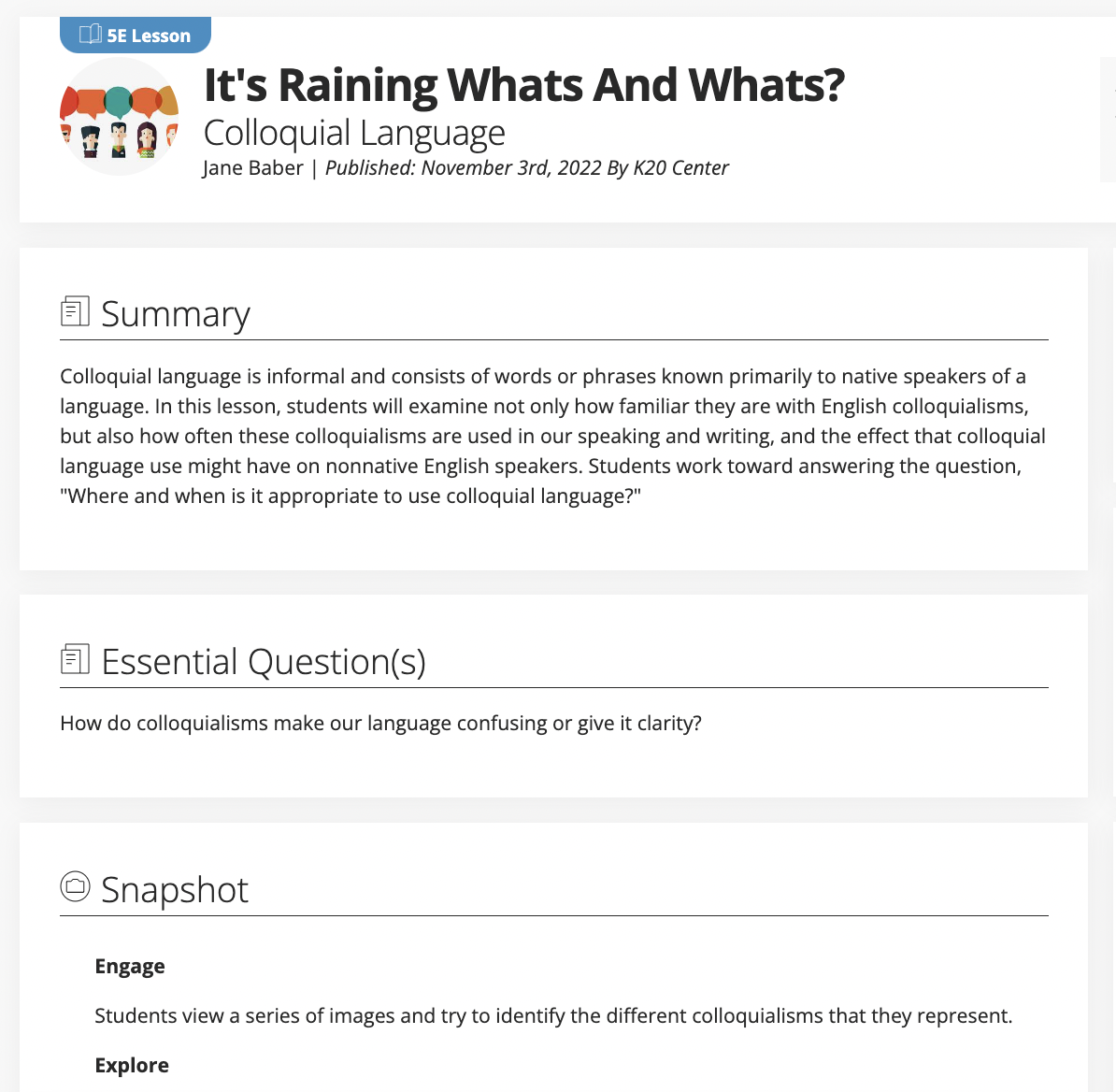 It’s Raining Whats and Whats? Colloquial Language Lesson Plan