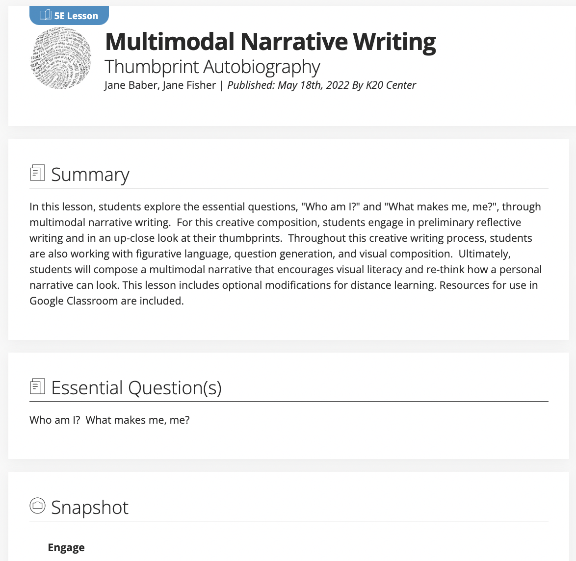 Multimodal Narrative Writing: Thumbprint Autobiography Lesson Plan