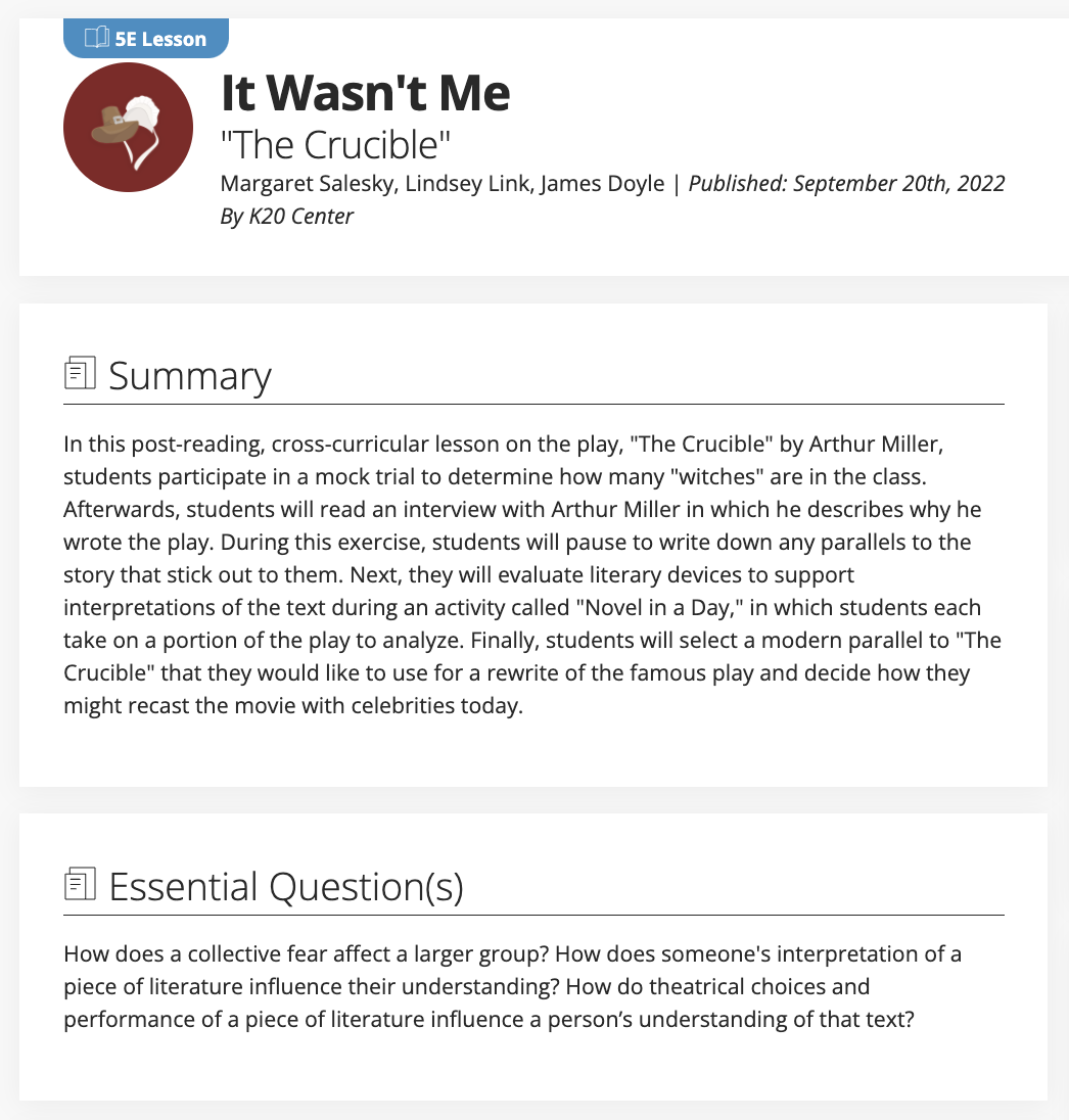 It Wasn't Me: "The Crucible" Lesson Plan