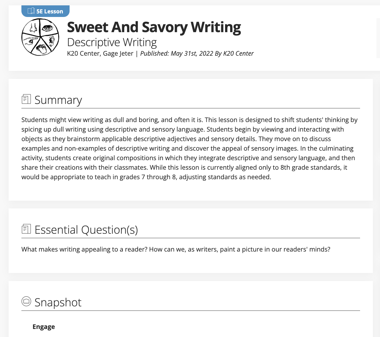 Sweet and Savory Writing: Descriptive Writing Lesson Plan