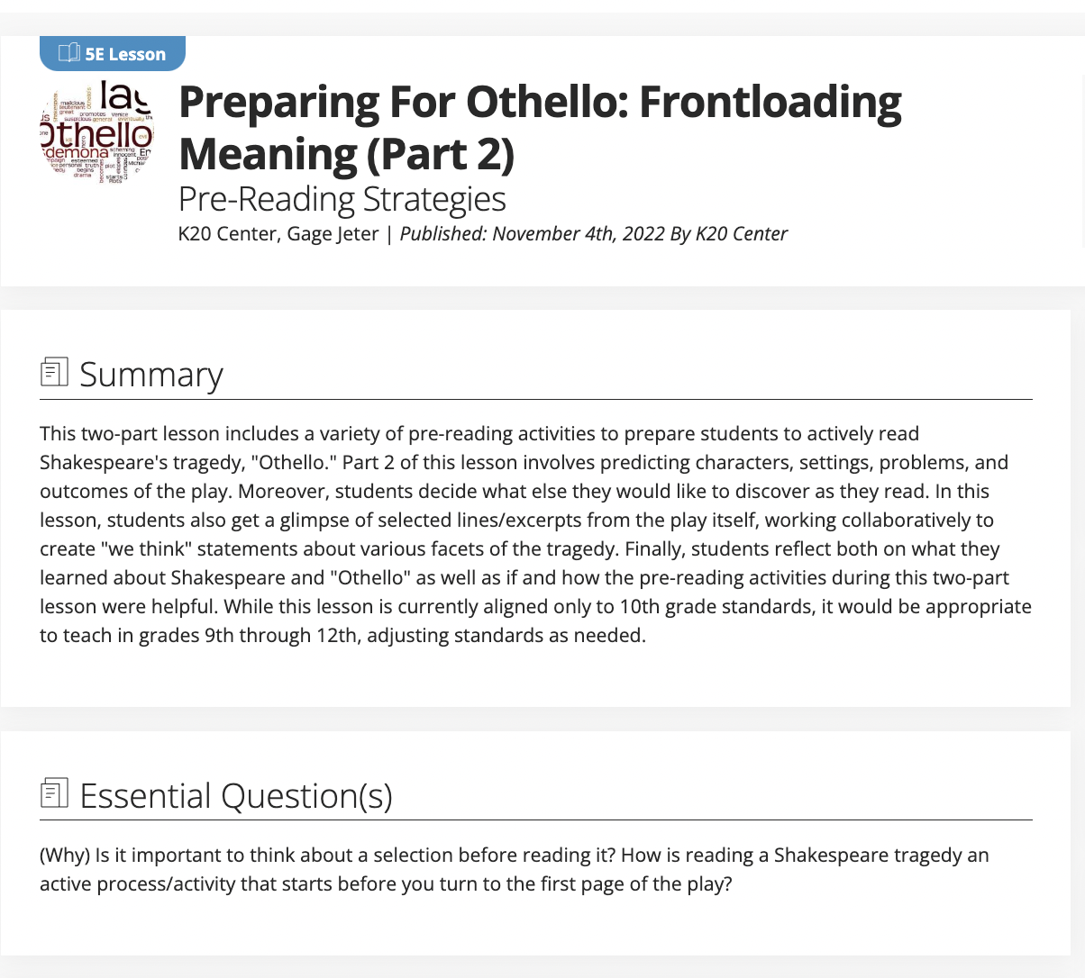 Preparing for Othello - Frontloading Meaning (Part 2): Pre-reading Strategies Lesson Plan