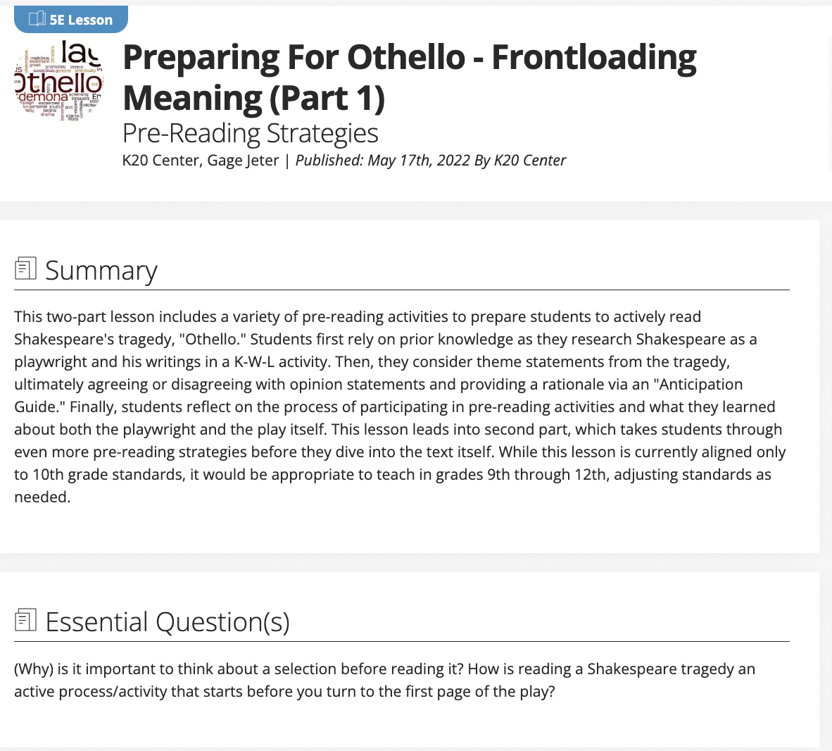 Preparing for Othello - Frontloading Meaning (Part 1): Pre-reading Strategies Lesson Plan
