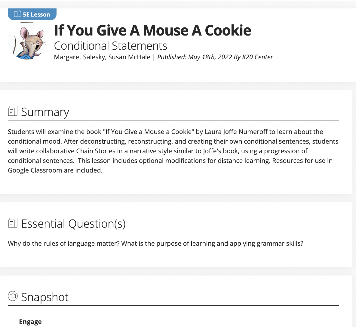 If You Give a Mouse a Cookie: Conditional Statements Lesson Plan