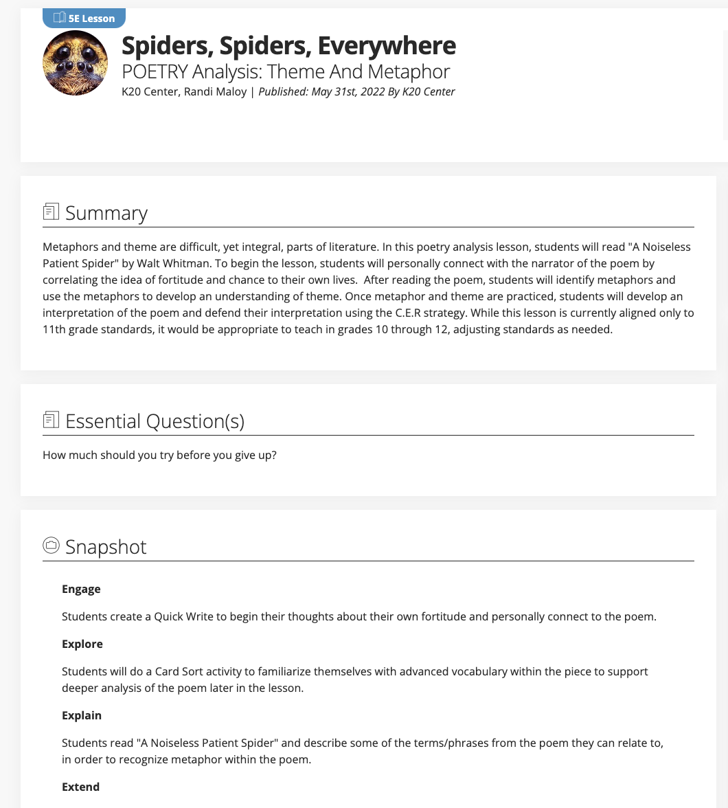 Spiders, Spiders, Everywhere: Poetry Analysis - Theme And Metaphor Lesson Plan