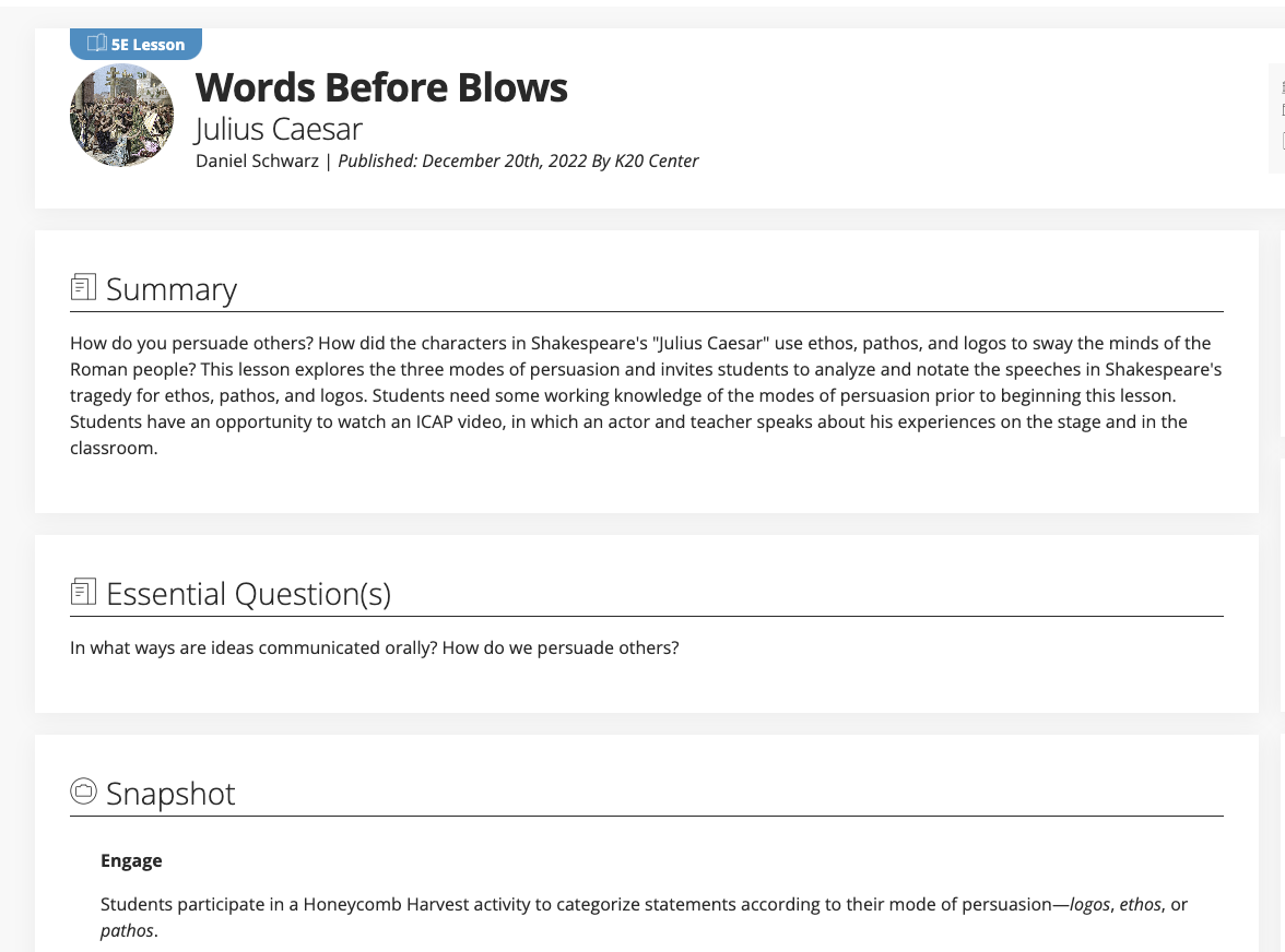 Words Before Blows: Julius Caesar Lesson Plan