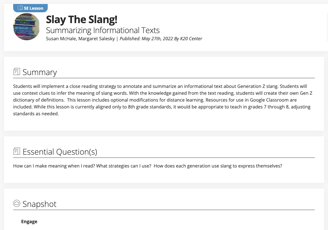 Slay the Slang! Summarizing Informational Texts Lesson Plan