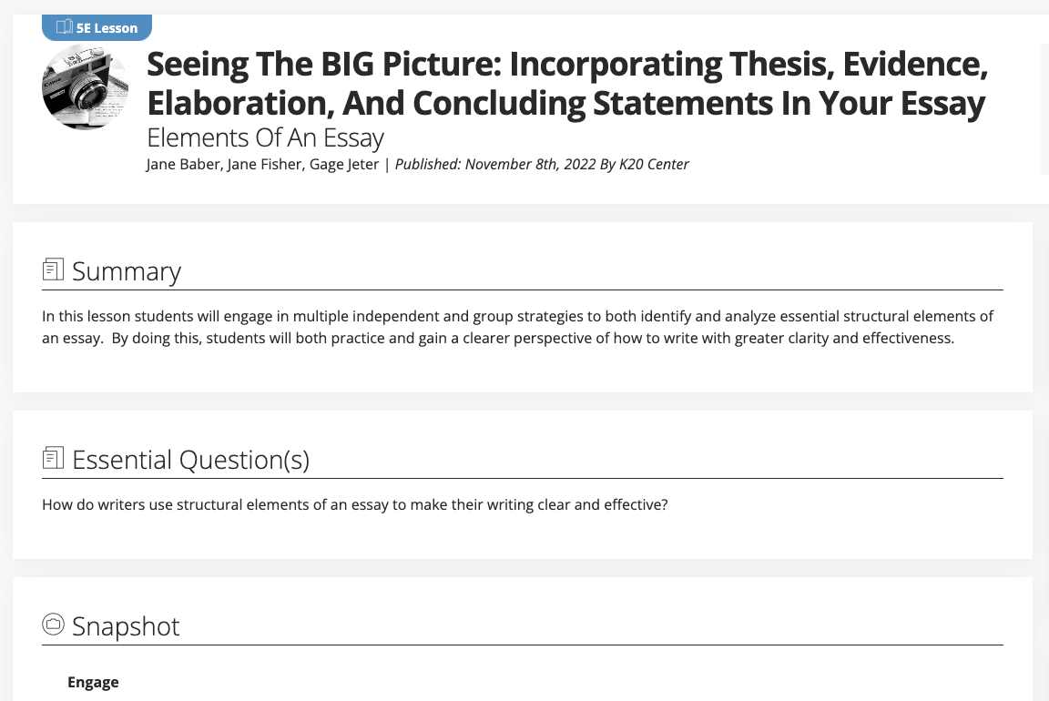 Seeing the Big Picture - Incorporating Thesis, Evidence, Elaboration, and Concluding Statements in Your Essay: Elements of an Essay Lesson Plan