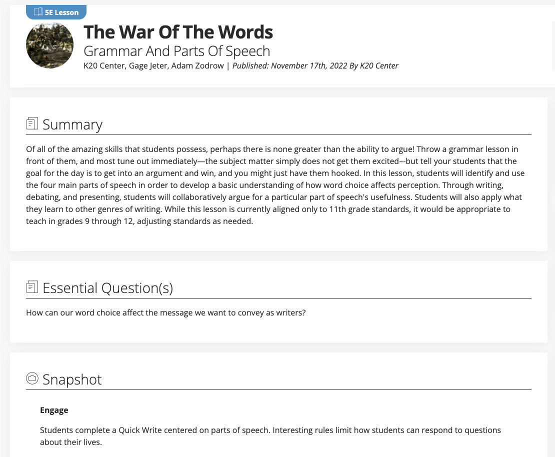 The War of the Words: Grammar and Parts of Speech Lesson Plan
