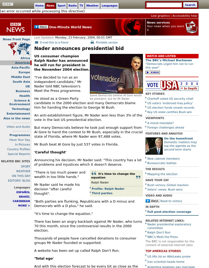 Bbc News: Nader Announces Presidential Bid Handout