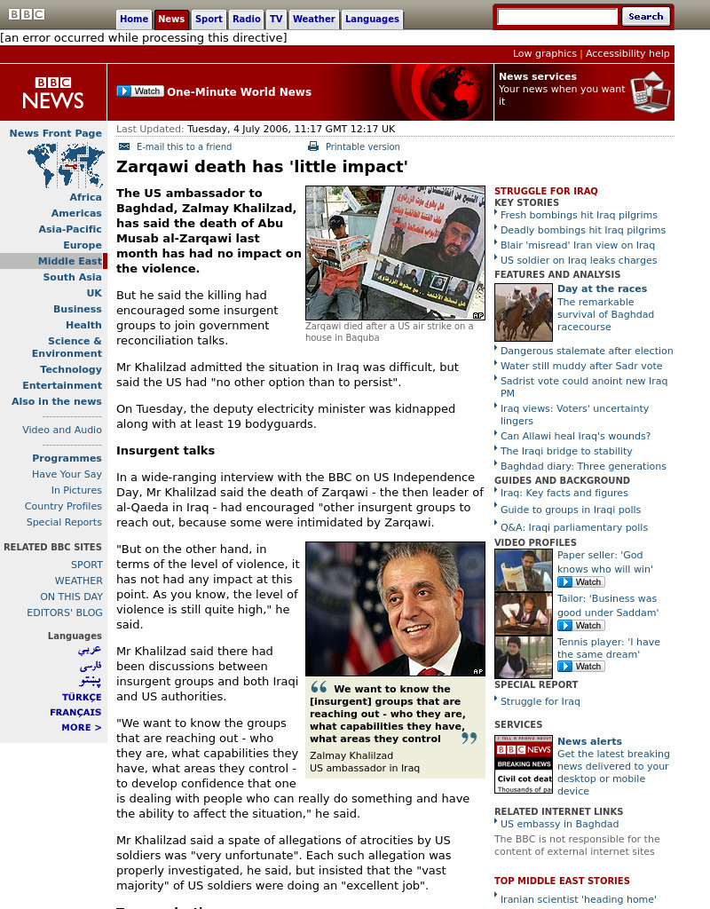 Bbc: Zarqawi Death Has 'Little Impact' Article