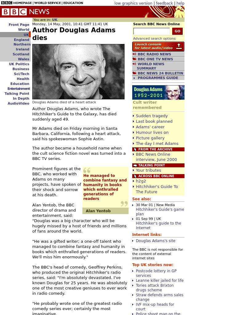 Bbc: Author Douglas Adams Dies Website