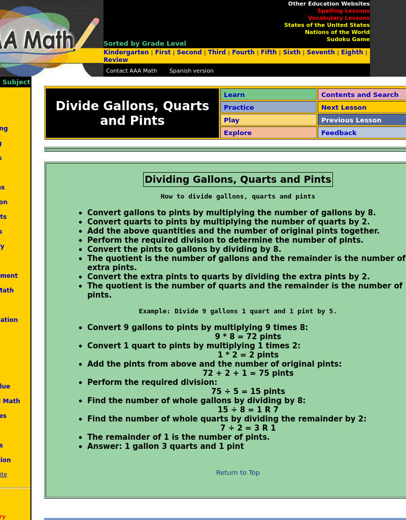 Aaa Math: Dividing Gallons, Quarts, and Pints Unit Plan
