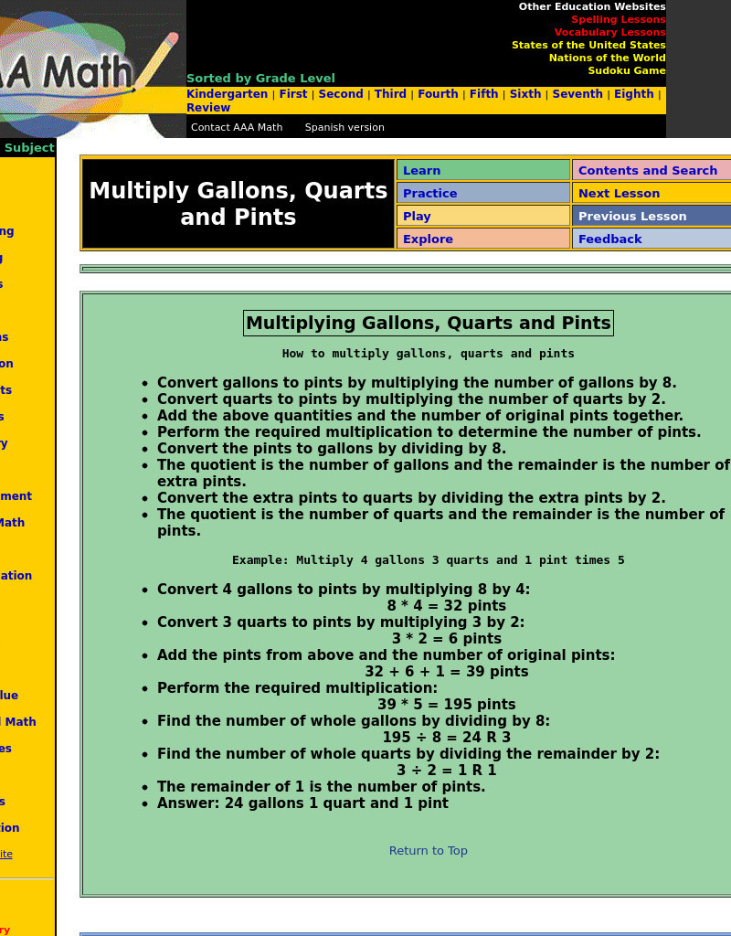 Aaa Math: Multiplying Gallons, Quarts and Pints Unit Plan