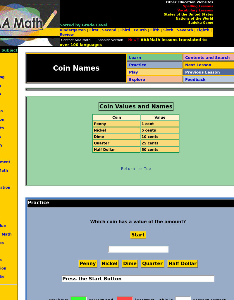 Aaa Math: Coin Values and Names Unit Plan
