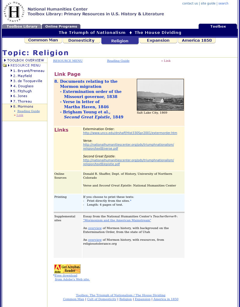 National Humanities Center: Toolbox Library: Documents Relating to the Mormon Migration Primary