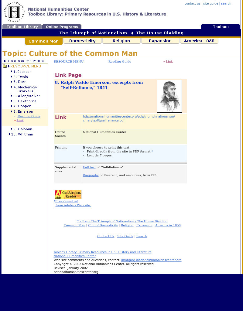 National Humanities Center: Toolbox Library: Culture of Common Man: Ralph Waldo Emerson, Excerpts From "Self Reliance" Primary