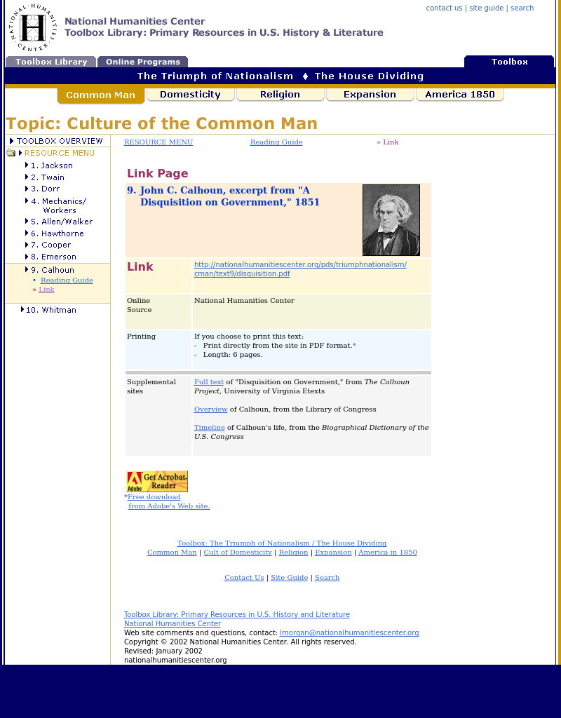 National Humanities Center: Toolbox Library: Reading Guide: John C. Calhoun Primary