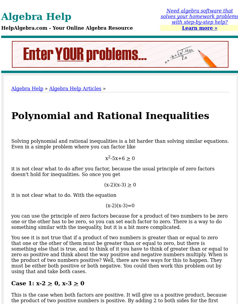 Help algebra.com: Polynomial and Rational Inequalities Activity