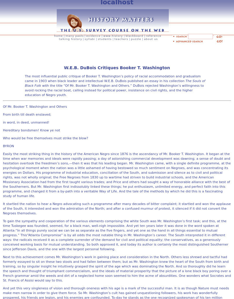 History Matters: w.e.b. Du Bois Critiques Booker T. Washington Article