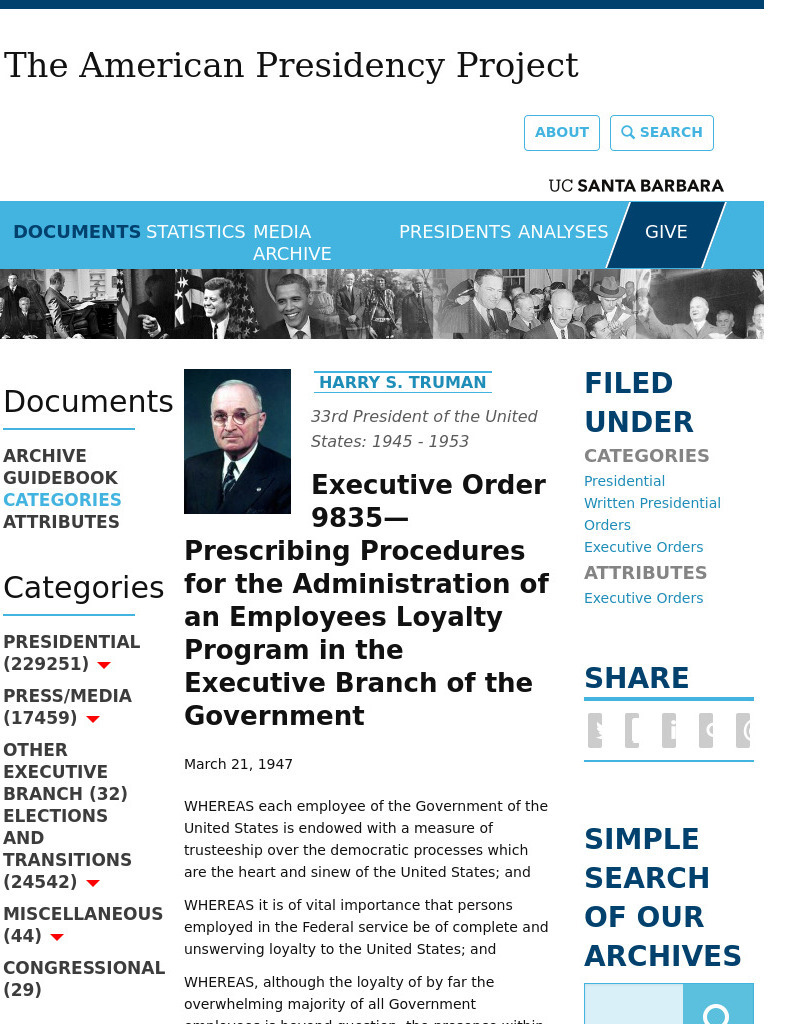 American Presidency Project: Harry S. Truman: Executive Order 9835: Employees Loyalty Program Primary