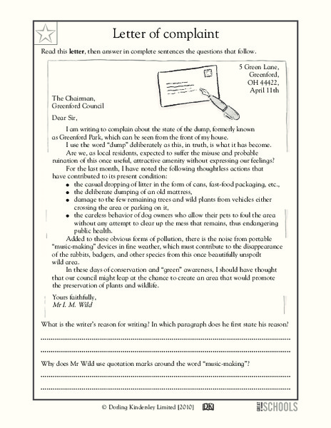 Letter of Complaint Worksheet