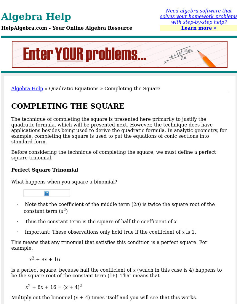 Help algebra.com: Completing the Square Activity