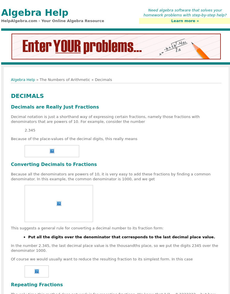 Help algebra.com: Decimals Handout