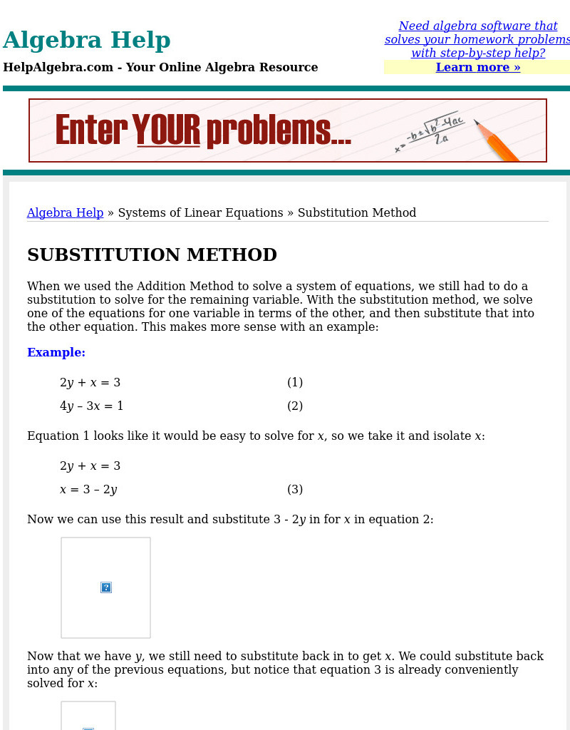 Help algebra.com: Substitution Method for Systems Activity