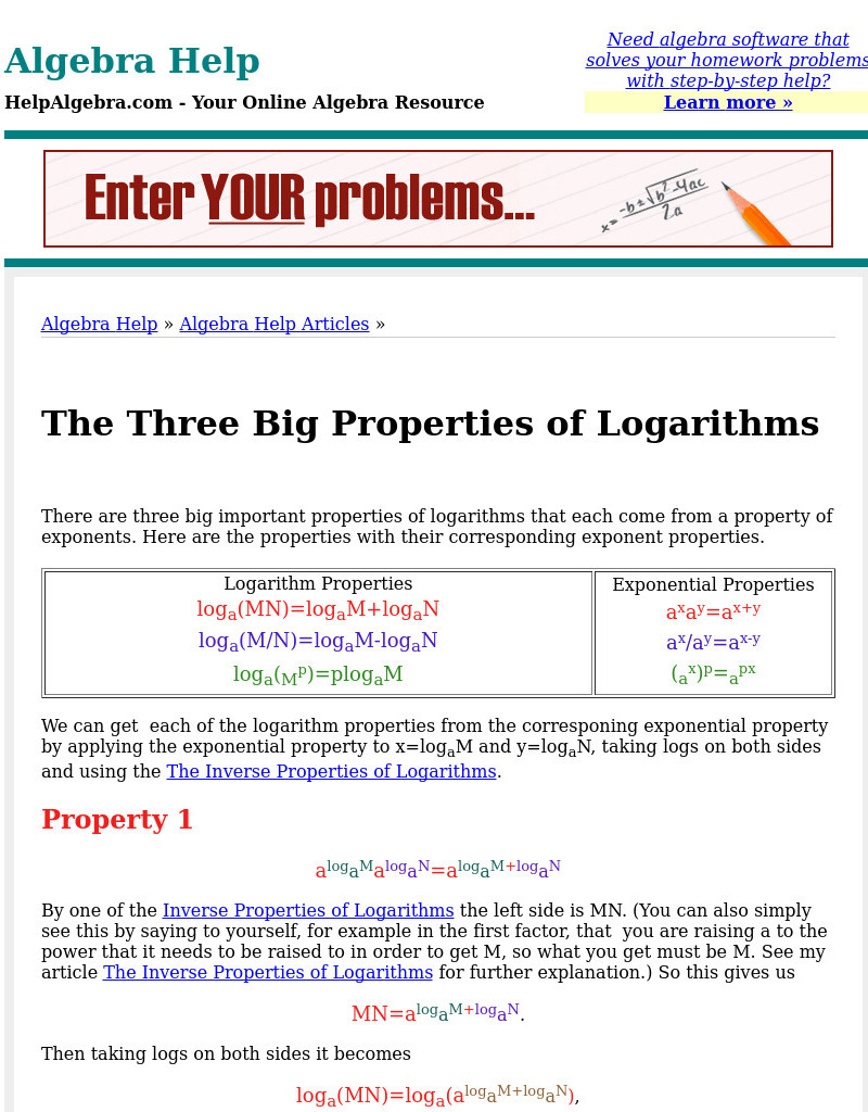 Help algebra.com: Properties of Logarithms Activity