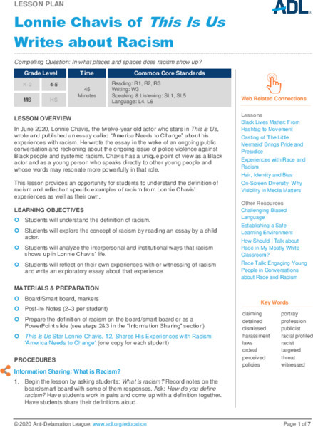 Lonnie Chavis of 'This Is Us' Writes about Racism Lesson Plan