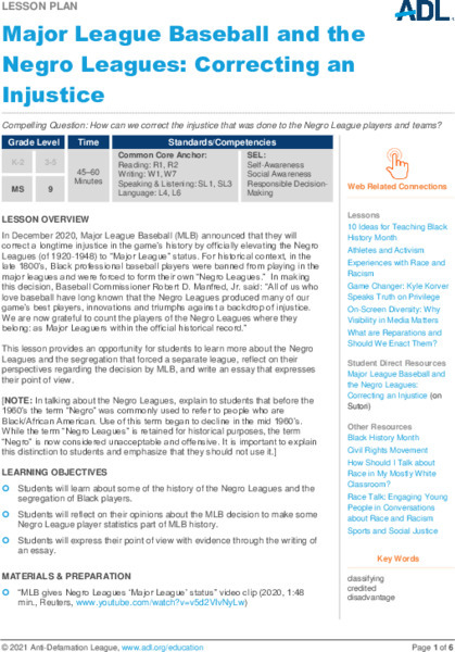 Major League Baseball and the Negro Leagues: Correcting an Injustice Lesson Plan