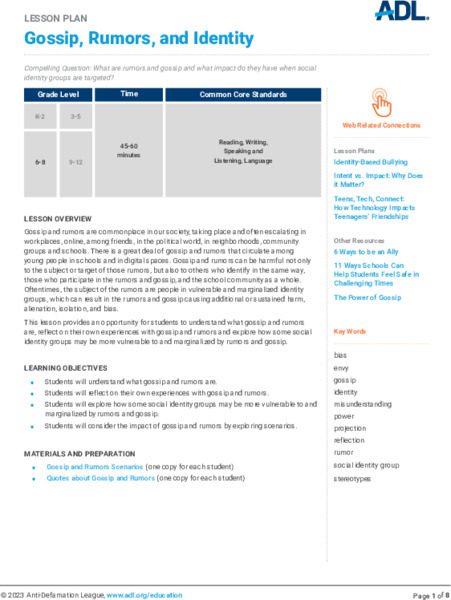 Gossip, Rumors and Identity Lesson Plan