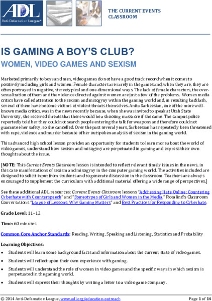 Is Gaming a Boy's Club? Women, Video Games and Sexism Lesson Plan