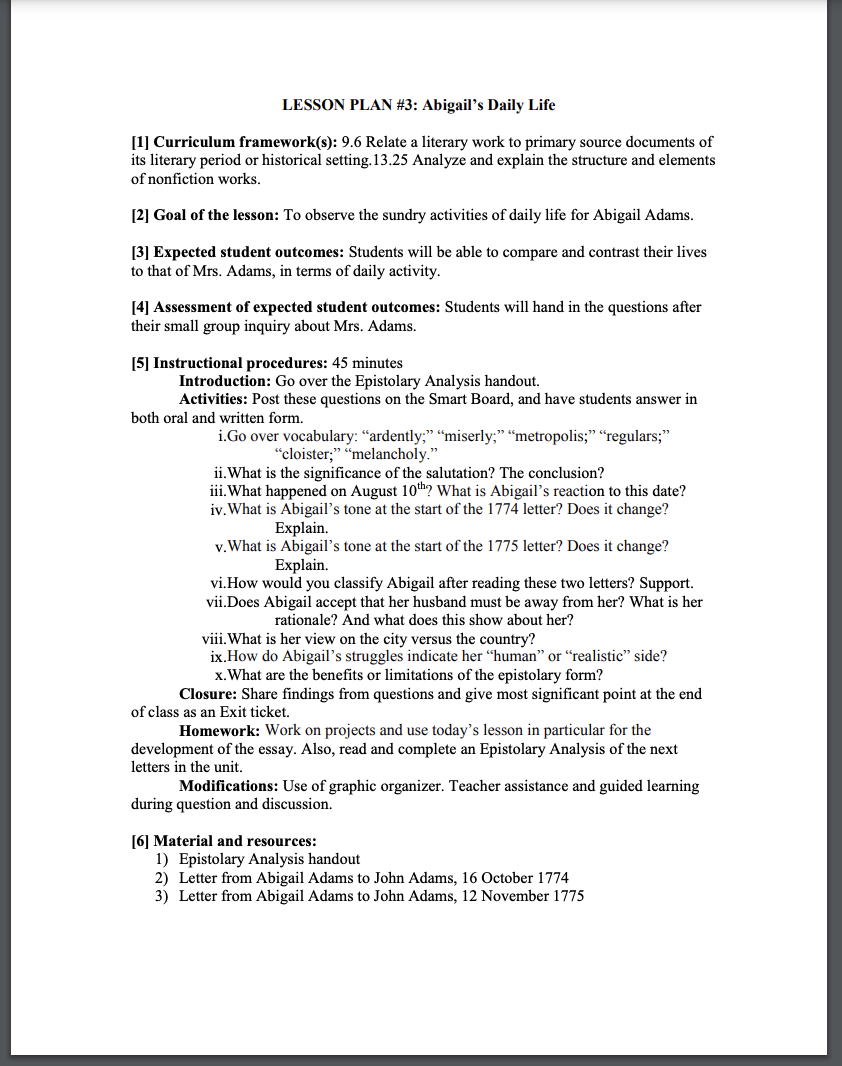 Abigail’s Daily Life Lesson Plan