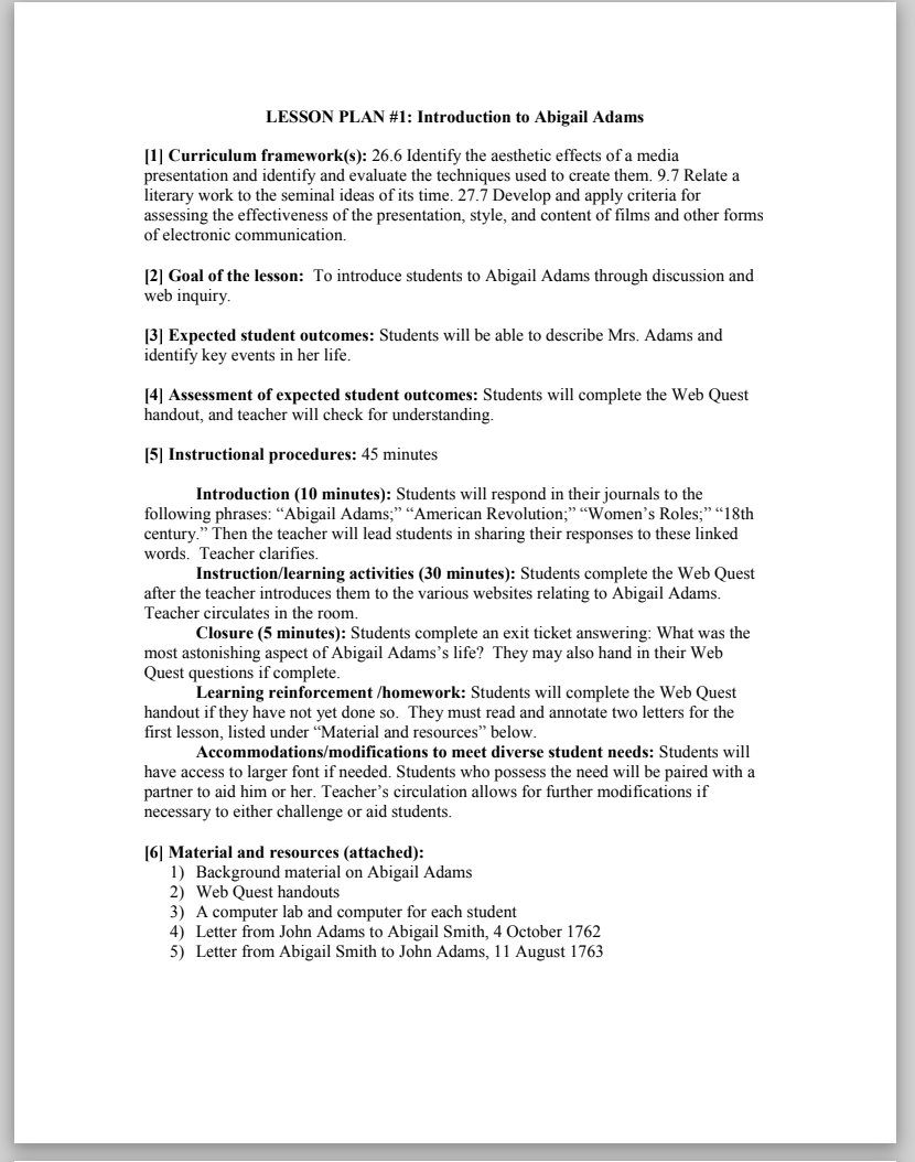 Introduction to Abigail Adams Lesson Plan