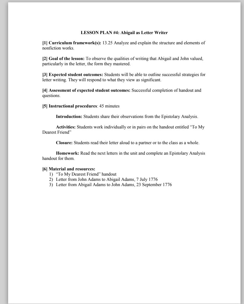 Abigail as Letter Writer Lesson Plan