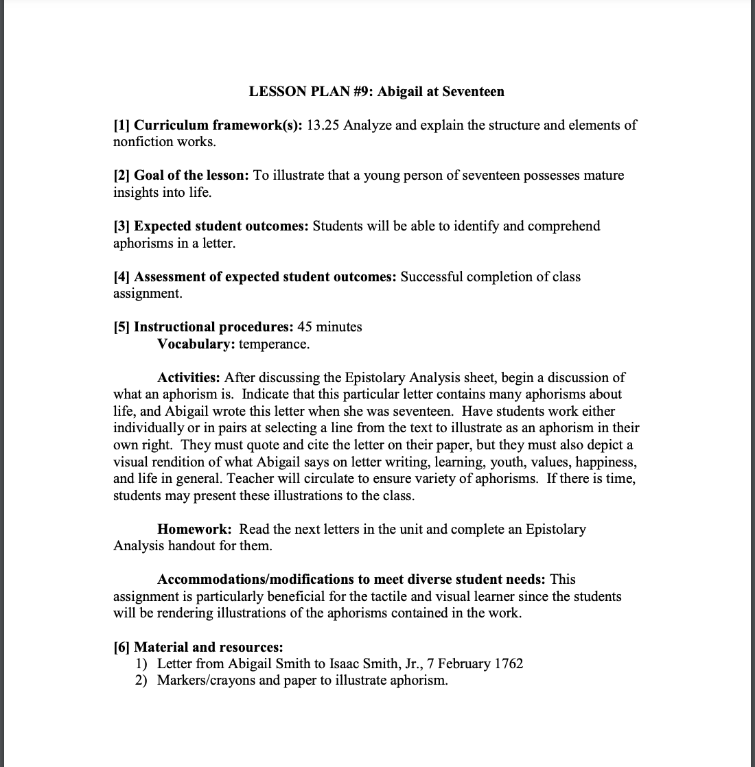 Abigail at Seventeen Lesson Plan