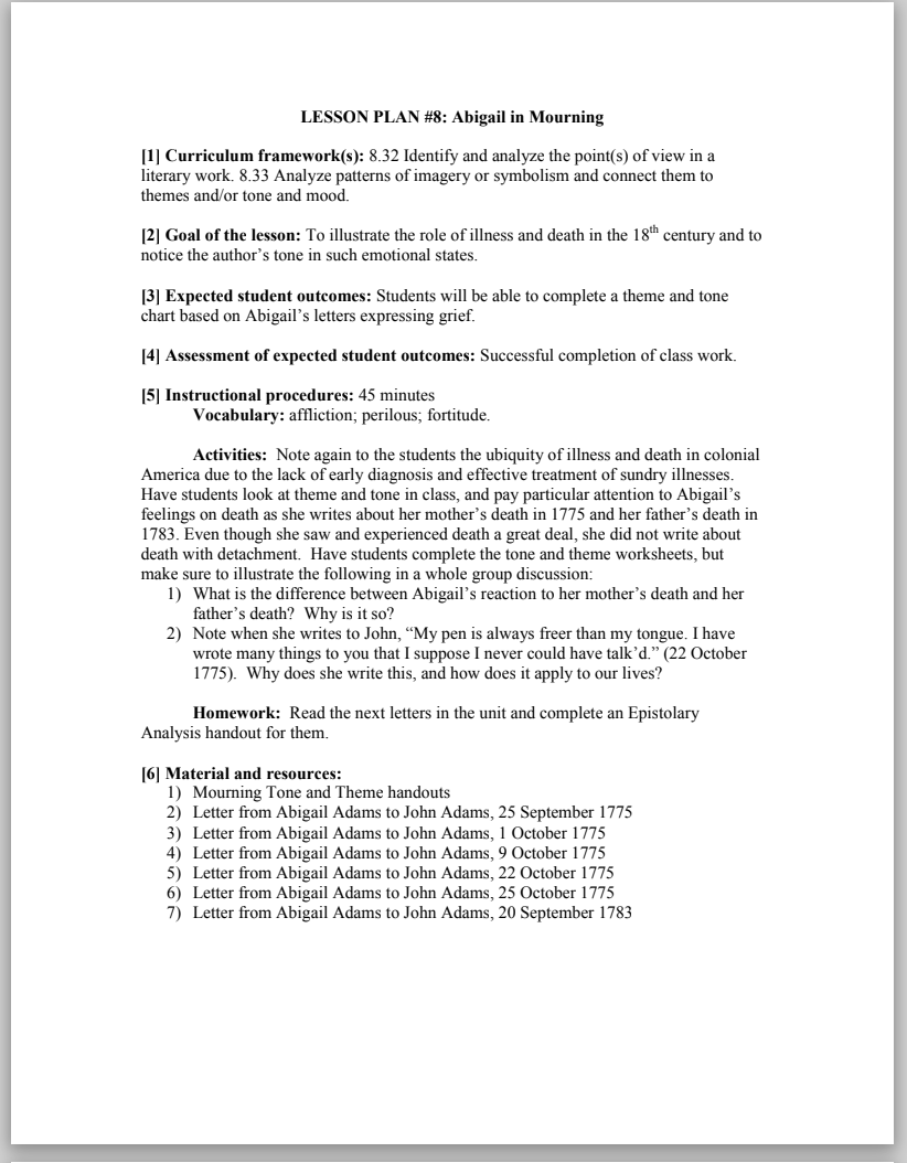 Abigail in Mourning Lesson Plan