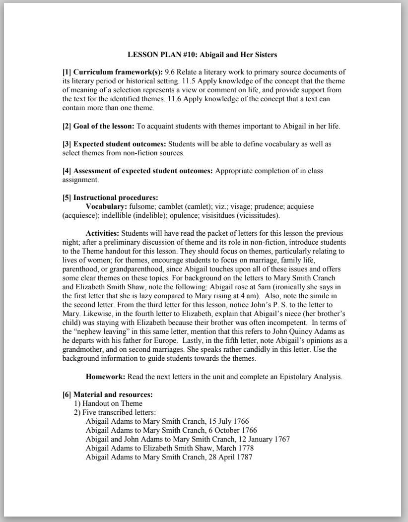 Abigail and Her Sisters Lesson Plan