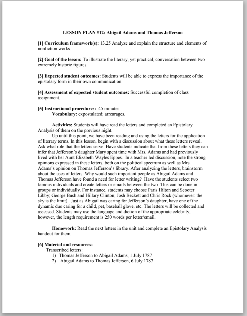 Abigail Adams and Thomas Jefferson Lesson Plan