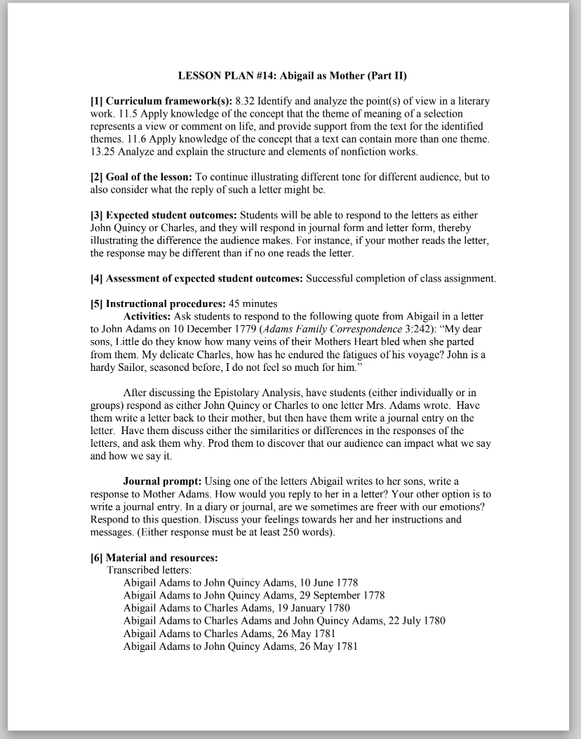 Abigail as Mother (Part II) Lesson Plan