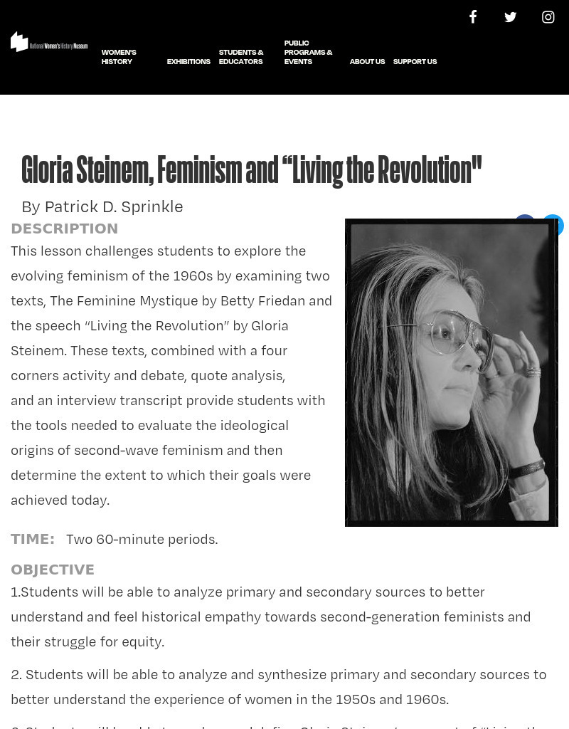 Gloria Steinem, Feminism and “Living the Revolution" Lesson Plan